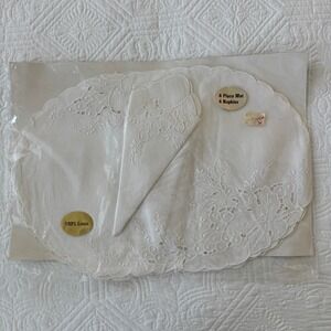 Vintage 100% Linen Embroidered Placemats and Napkins Set 8pc White Cutwork Oval